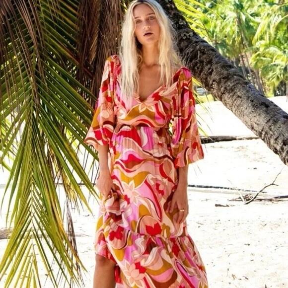 Billabong Pretty groovy maxi boho Dress Flowing Floral Retro Beach Small - Picture 1 of 6